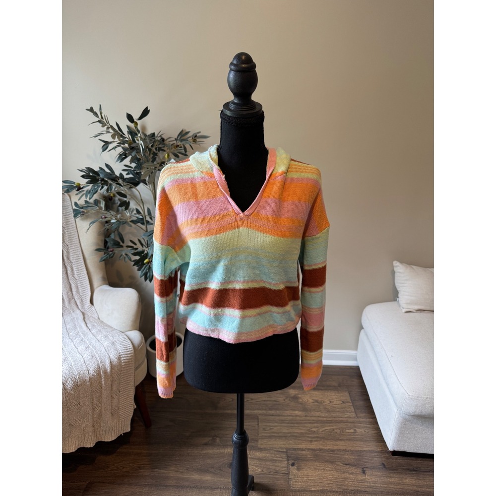 Freshman 1996 Womens XS Striped Knit Cropped Hoodie Multi Color Pastel Top